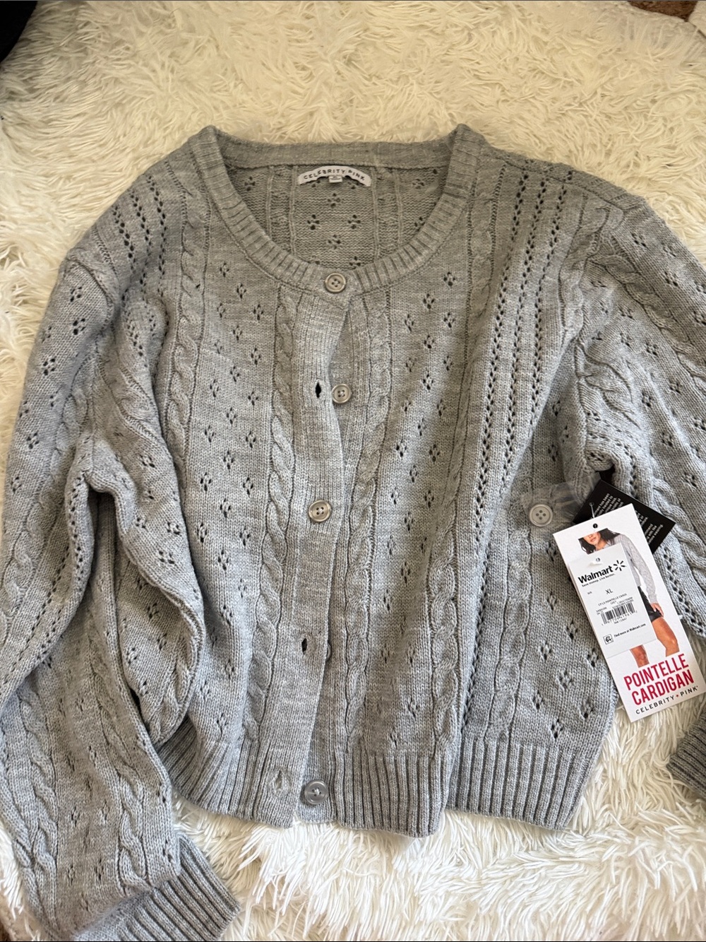 Celebrity Pink Light Gray Pointelle Cable Knit Cardigan